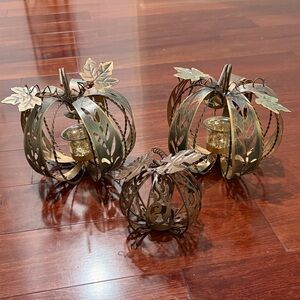 Rustic Metal Pumpkin Candle Holders - Set of 3